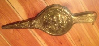 Antique Brass And Green Leather Fireplace Bellows - Ship & Floral Embossed - photo