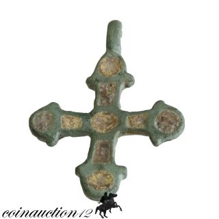Intact Byzantine Double Side Enamel Christian Cross Pendant photo