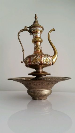 Arabic Coffee Tea Pot Ewer Basin Brass,  Copper Algeria Vintage photo