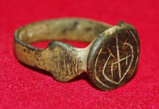 Roman Bronze Ring With Engraved Symbol - Circa 300 Ad photo