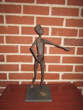 Vintage Mid Century Modern Giacometti Style Brutalist Metal Art Figure Sculpture photo