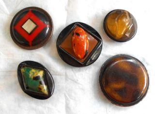 5 Antique Celluloid Buttons Bubble Top Shell In Metal Group Early 1900 ' S photo
