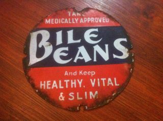 Bile Beans Pill Vintage Pharmacy Drug Store Door Push Porcelain Enamel Sign photo