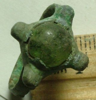 Rare Ancient Roman Bronze Ring Artifact Size 8us Green Glass Paste Cross photo