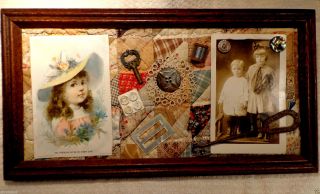 Antique Victorian Sewing Collage Quilt Abalone Button Hook Trade Card Framed photo
