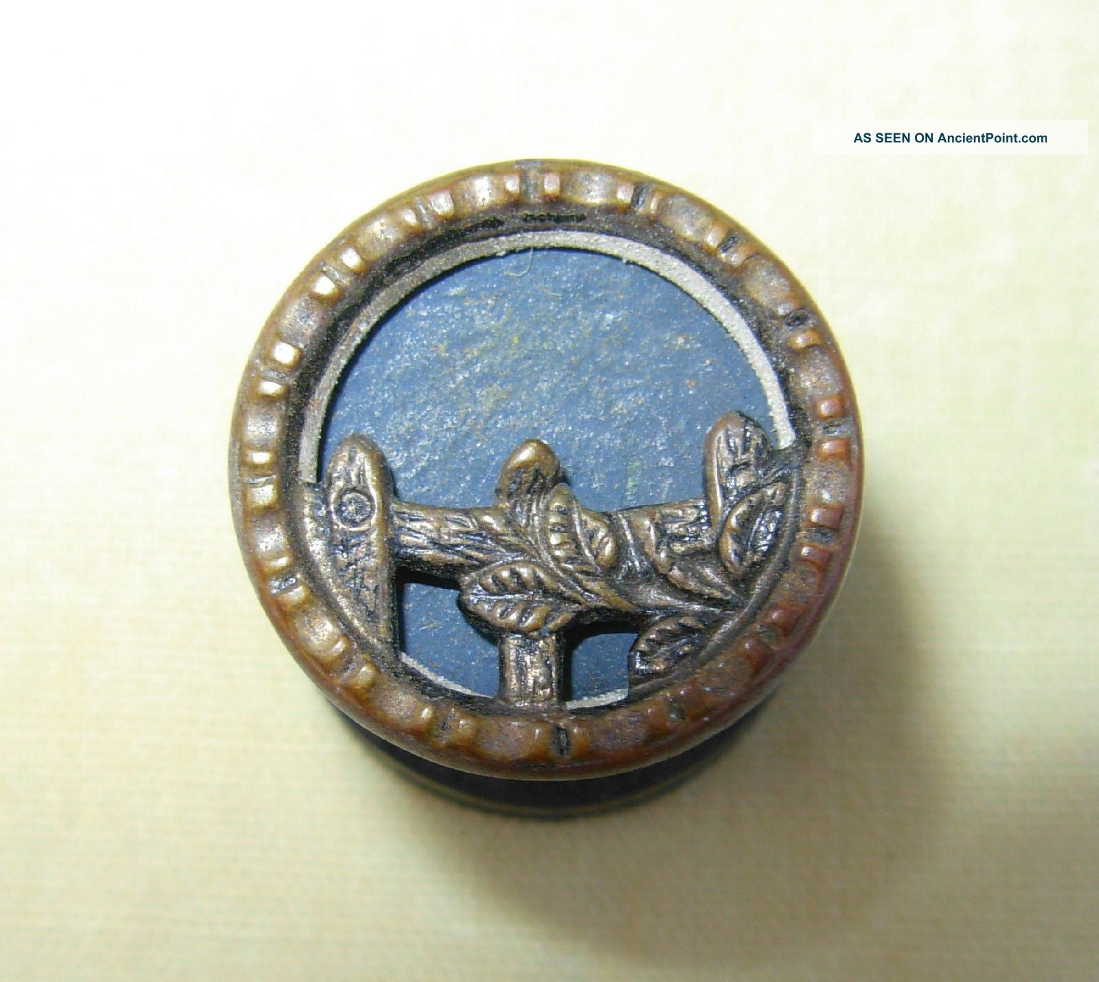 Antique - Victorian Brass Picture Button - Blue Sky & Vine Draped Fence - 9/16 