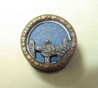 Antique - Victorian Brass Picture Button - Blue Sky & Vine Draped Fence - 9/16 