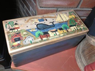 Ooak,  England Folk Art Nautical Village Scene On Hand Made Wooden Box photo