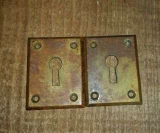 2 Antique Vtg Skeleton Key Lock Door Plates Brass? Farmhouse Steampunk Decor photo