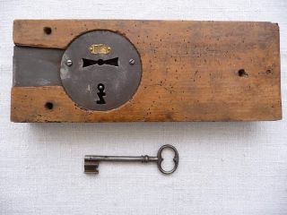 Wood And Iron French Antique Door Lock With Key Marked Duval Robert G photo