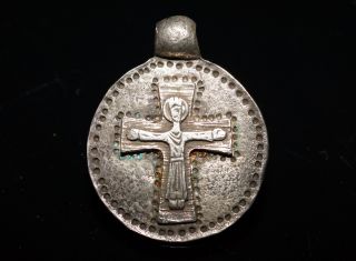 Viking Religious Hammered Silver Crucifixion Pendant photo