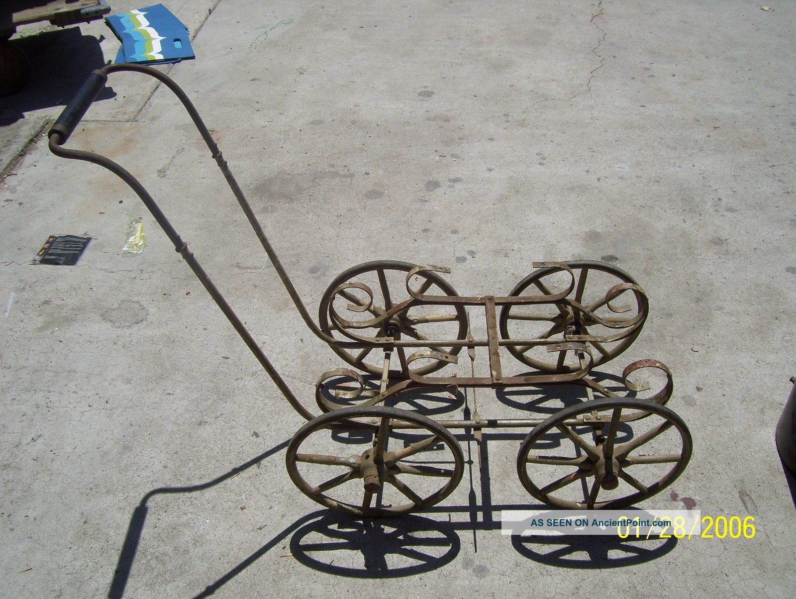 Antique Baby Buggy Frame With 11.  75 Wheels W/wooden Spokes Light Grey Baby Carriages & Buggies photo