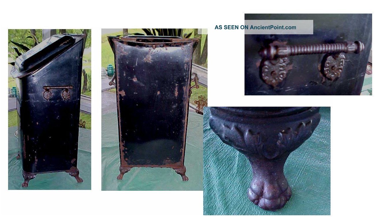 Antique Victorian 1800s Coal Scuttle Bin Tole Painting With Portrait Footed Hearth Ware photo