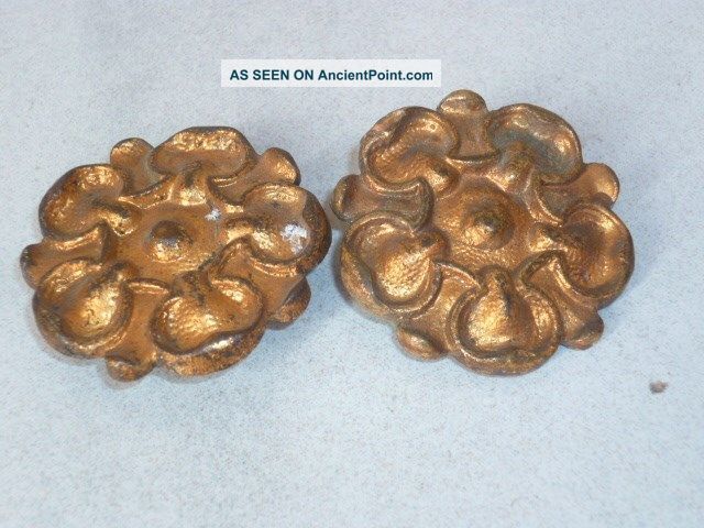 Pair Antique French Bronze Cartouche / Roses / Mounts : Floral Shape Finials photo