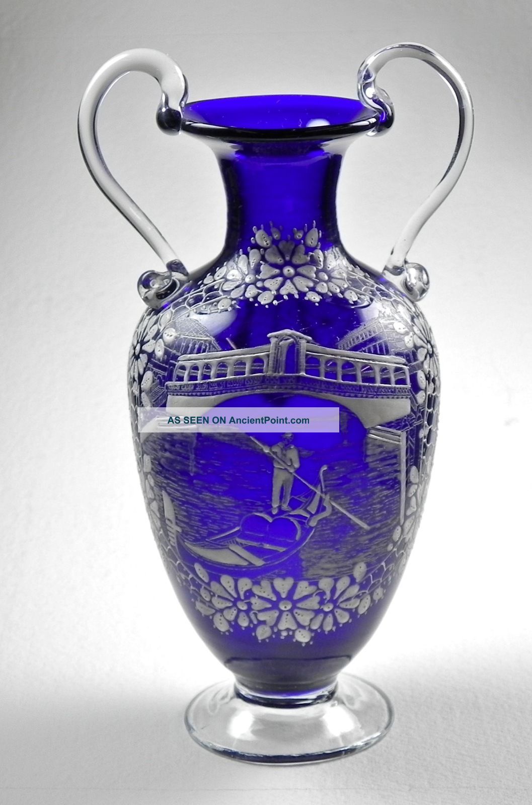 1800 ' S Italy Glass Cobalt Vase Urn Enamel Painting Gondolier Rialto Bridge Scene Vases photo