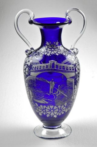 1800 ' S Italy Glass Cobalt Vase Urn Enamel Painting Gondolier Rialto Bridge Scene photo