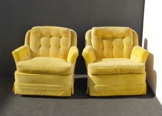 Pair Vintage Mid Century Yellow Marge Carson Swivel Arm Chairs Hollywood Regency photo
