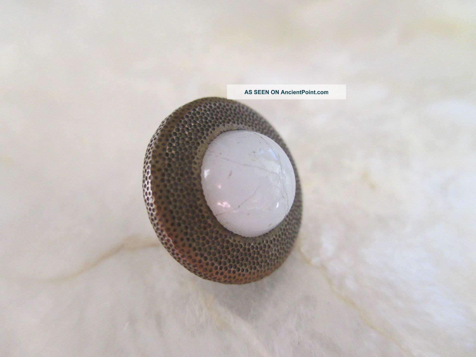 Antique 19th C.  White Clam Broth Glass Brass Waistcoat Button 9/16 