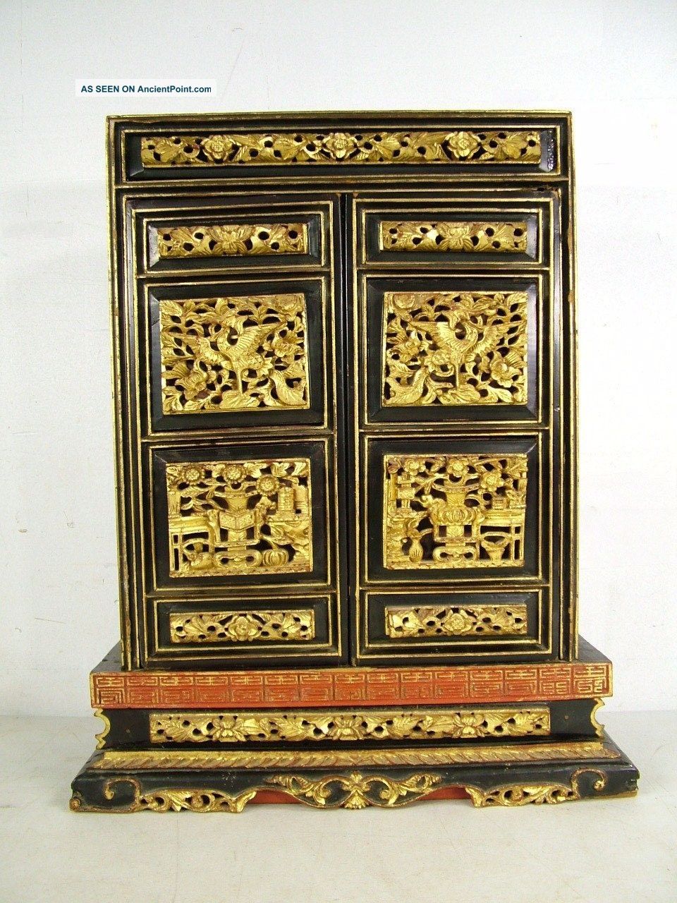 Antique Chinese Carved Birds Gilt Gold Blind Door Display Tribute Altar Cabinet Post-1950 photo