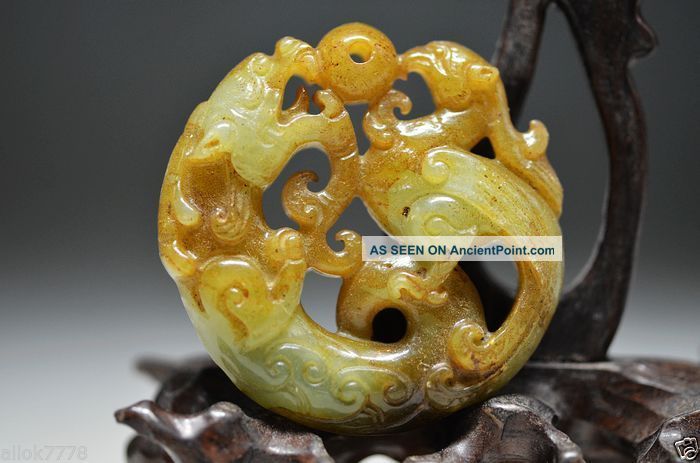 Chinese Old Xiuyan Jade Hand Carved Dragon& Phoenix 2 Faces Pendant A4 Necklaces & Pendants photo