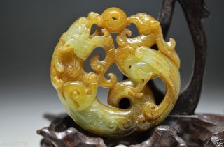 Chinese Old Xiuyan Jade Hand Carved Dragon& Phoenix 2 Faces Pendant A4 photo