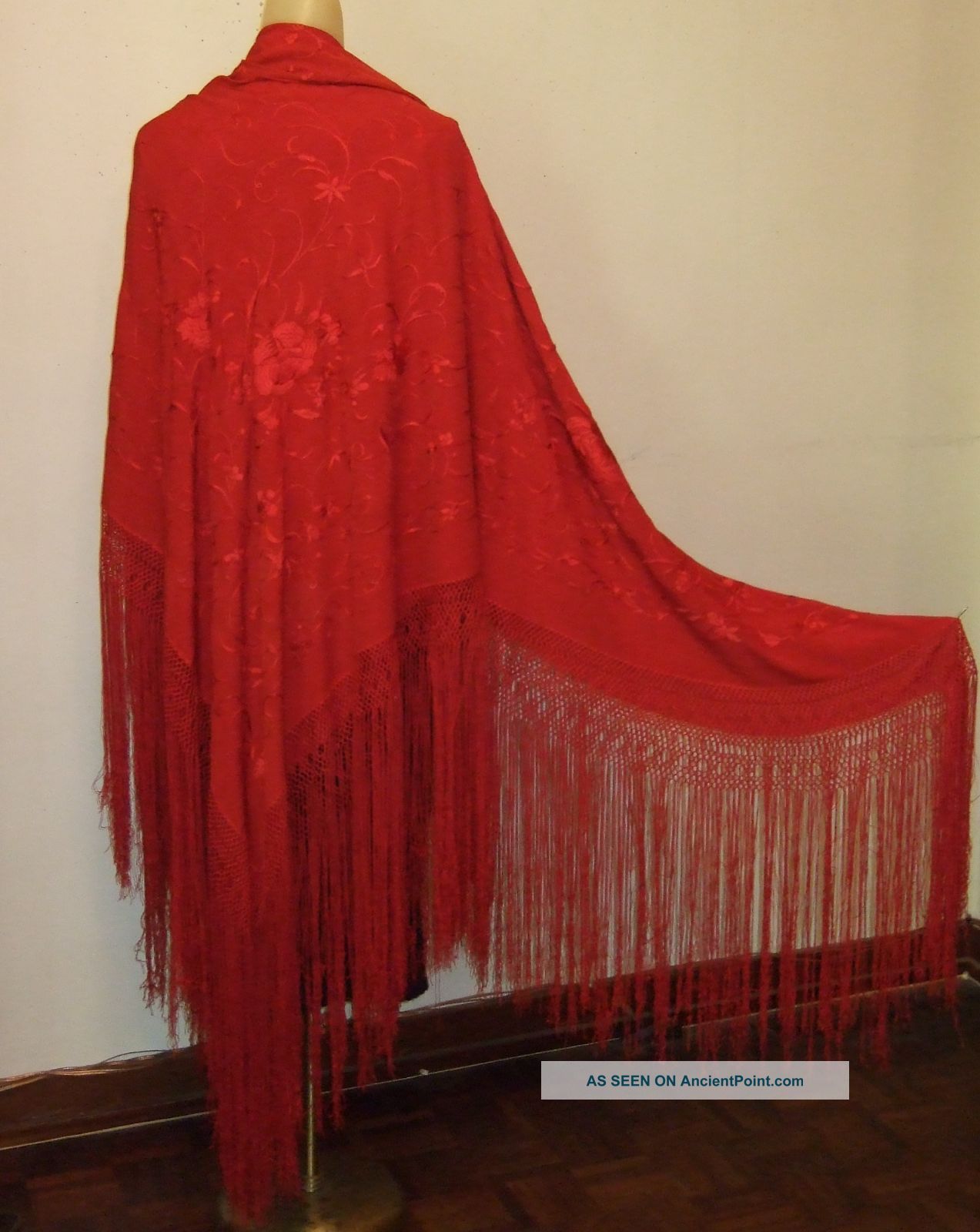 Antique Chinese Red Silk Flamenco Shawl Manton De Manila Huge 59 In.  Square Robes & Textiles photo