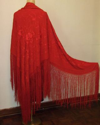 Antique Chinese Red Silk Flamenco Shawl Manton De Manila Huge 59 In.  Square photo