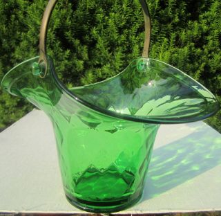 Elegant Art Deco Green Depression Quilted Glass Flower Basket Ice Bucket Barware photo