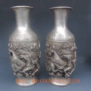 A Pair Chinese Silver Bronze Horse Vases W Qing Dynasty Qian Long Mark photo