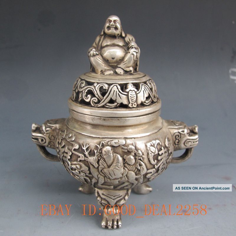 Silver Bronze Carved Man & Deer Incense Burner & Buddha Lid W Qing Dynasty Mark Buddha photo