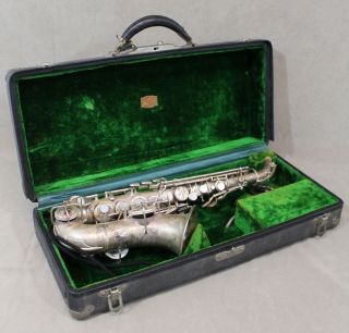 Antique 1920s Conn Silver Plate Soprano Saxophone & Case. photo