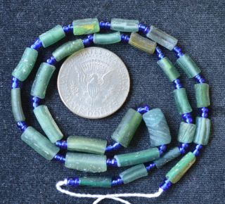 Ancient Roman Glass Beads 1 Medium Strand Aqua And Green 100 - 200 Bc 0357 photo