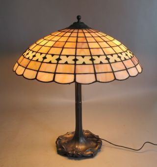 Geometric Art Nouveau Lamp W/ Handel Base C.  1910 Leaded Stained Glass Antique photo
