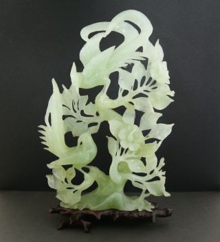 Chinese Vintage Hand Carved Nephrite Jade Birds Flowers Statue On The Wood Base photo