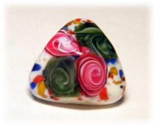 Antique Vintage Colorful Roses Triangle Paperweight Glass Button photo