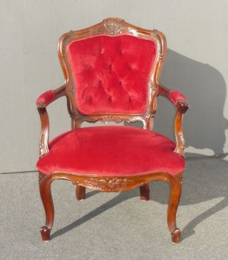 French Provincial Style Carved Red Velvet Accent Side Arm Chair Vintage photo