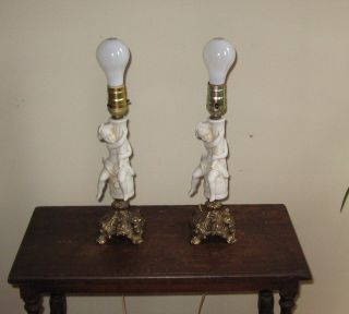 Pair Antique Ceramic Cherub Angel With Victorian Brass Base Table Lamp photo