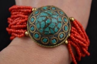Retro Bangle Red Coral Bracelet Jewelry Trim Handmade photo