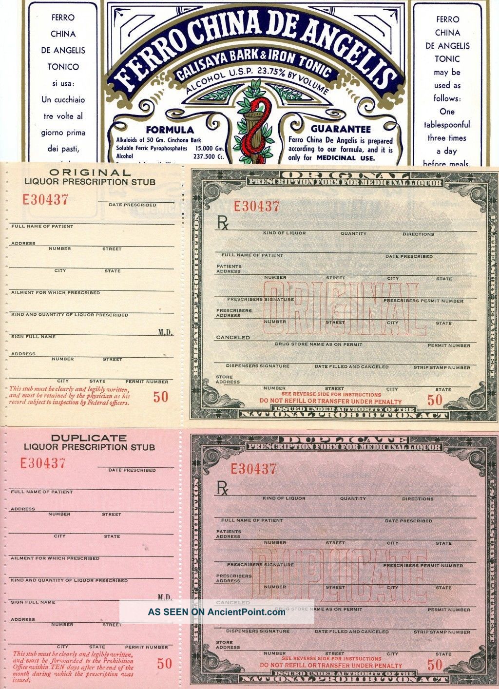 1929 With 2 Perforations Prohibition Prescription,  Antique Medicine Bottle Label Other Medical Antiques photo