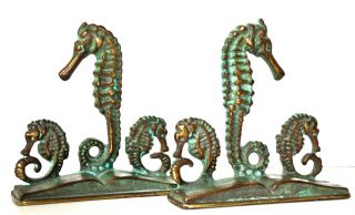 Vintage Antique Bronze Seahorse Bookends Virginia Metalcrafters Signed photo