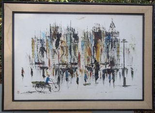 Huge Mid C Chinese Painting - - Nathan Rd.  Kowloon Hong Kong St.  Scene W/bicycle Cart photo