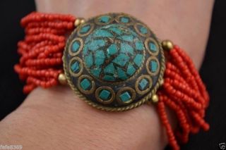 Tibet Collectibles Decorative Copper Inlay Turquoise Bead Bracelet photo