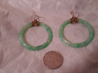 Chinese Old Icy Apple Green Jadeite Large Hoop Ear Rings & 14 Ct.  Gold photo