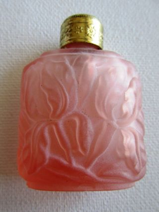 Czech Bohemia Frosted Pink Rose Glass Mini Perfume Bottle Art Deco Dauber photo