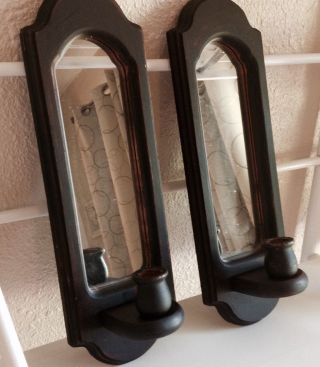 Primitive Wooden Pair Wooden Mirrored Sconces photo