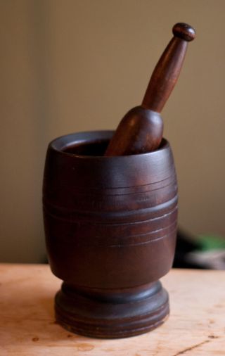Antique 19th Cent Turned Wood Lignum Vitae Apothecary Pharmacy Mortar,  Pestle photo