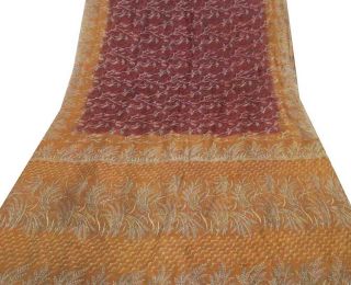 Indian Vintage Craft Saree Pure Silk Printed Fabric DÉcor Floral Maroon Sari 5yd photo