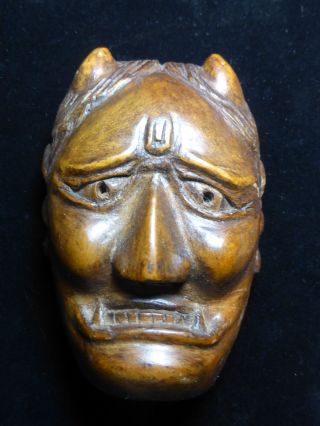 Antique Carved Japanese Edo Rojin Kyogen Kagura Hannya Demon Wooden Face Mask photo