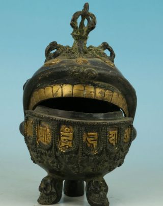 Asian Chinese Old Bronze Carved Human Skeleton Incense Burner Collect Statue photo