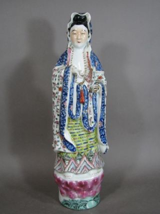 Lg Signed Old Chinese Famille Rose Porcelain Kuan Yin Statue Figure 16 Inch photo